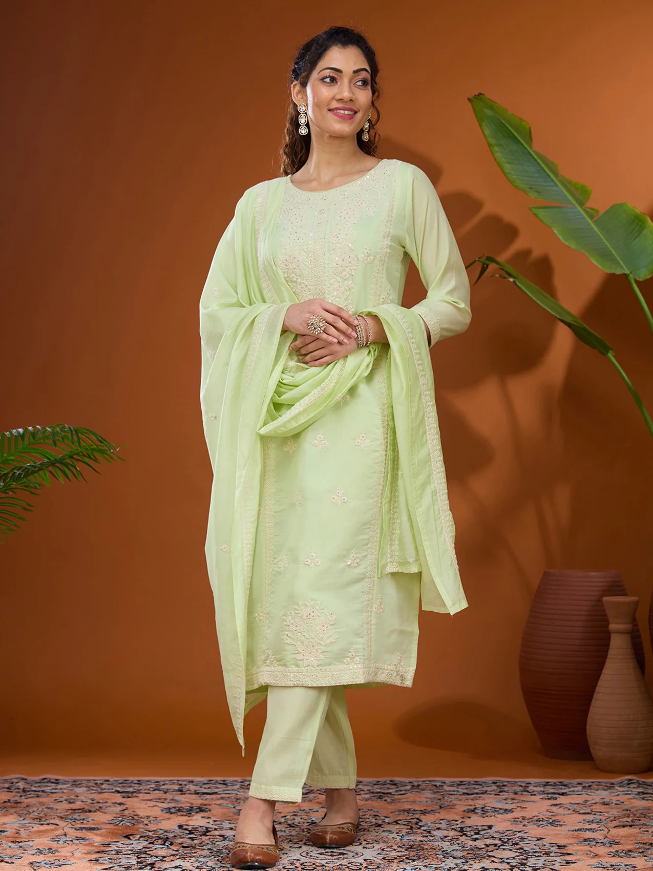Pista Green Chanderi Threadwork Straight Kurta With Pant Regular And Dupatta